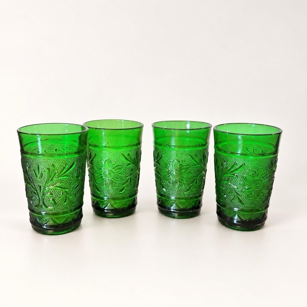 Vintage Anchor Hocking Forest Green Sandwich Juice Glasses Set of 4 Floral